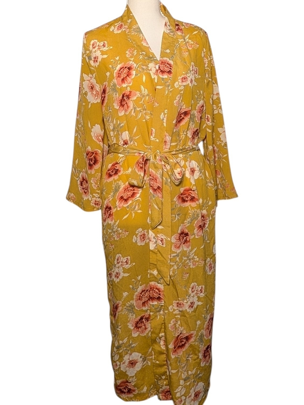 New York & Company Mustard Floral Long Wrap Robe